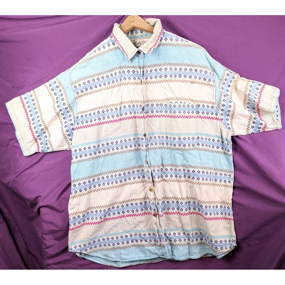 Vintage Kikomo Geometric Native Aztec Cotton Blouse Button Front Pocket 22W Blue
